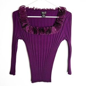 Evie - Purple Ribbed‎ Long Sleeve Too with Flower Collar Detail - Sz. M